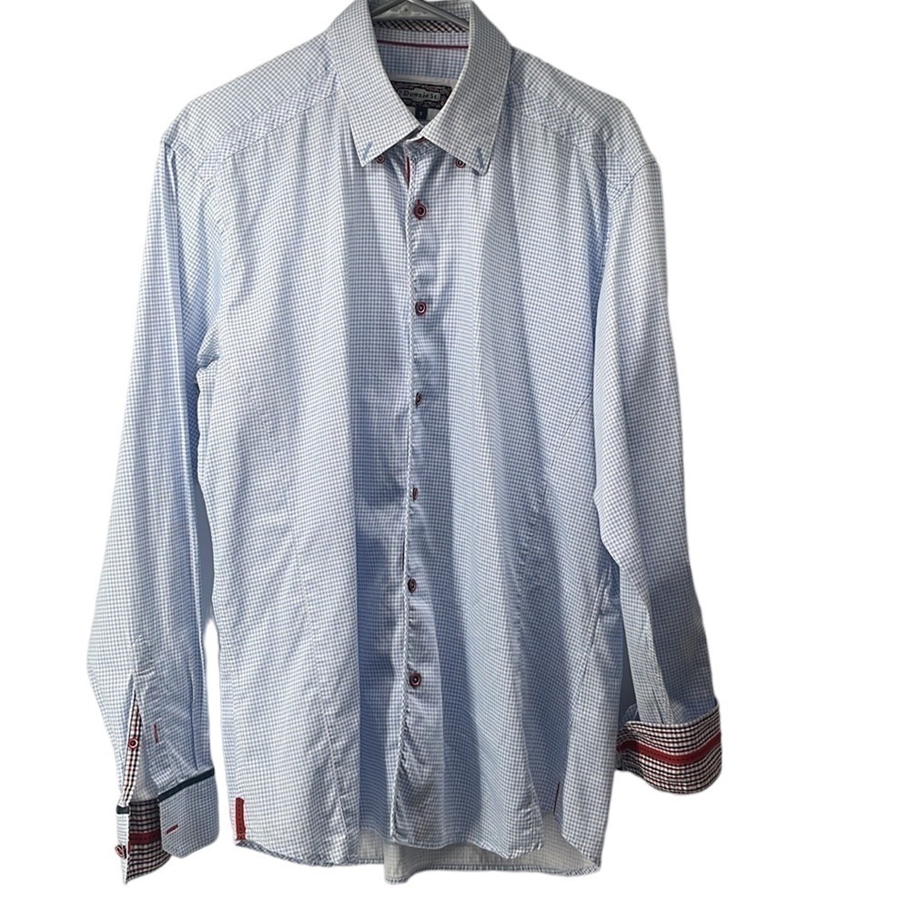 7 Downie St button down shirt houndstooth blue white flip cuff business career L